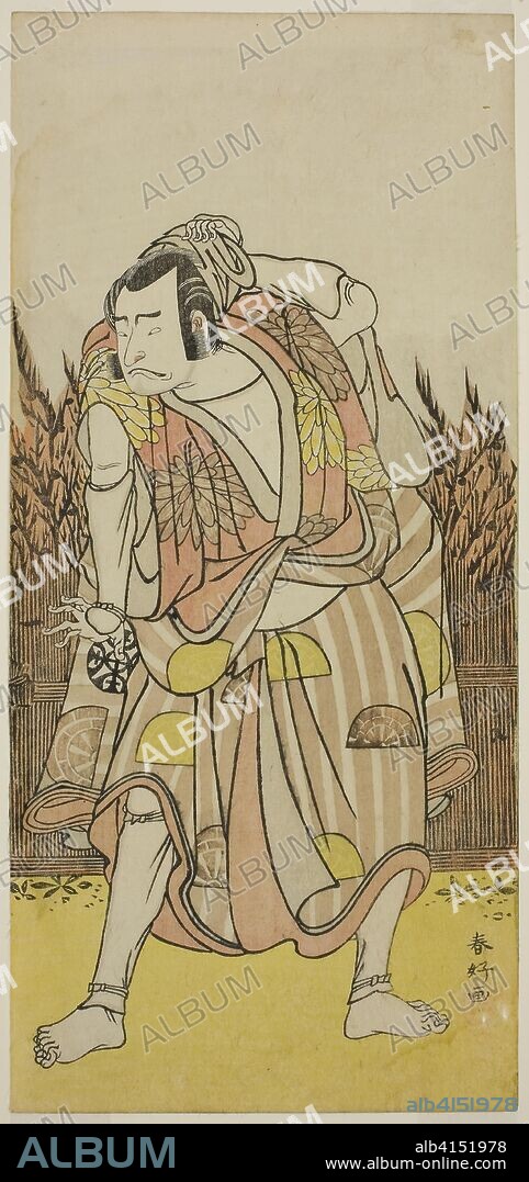 The Actor Nakamura Nakazo I as Hachiman Taro Yoshiie (?) in the Play Oshu Adachi ga Hara (?), Performed at the Nakamura Theater (?) in the Fourth Month, 1775 (?). Katsukawa Shunko I; Japanese, 1743-1812. Date: 1770-1780. Dimensions: 31.1 x 14.2 cm (12 1/4 x 5 9/16 in.). Color woodblock print; hosoban; right sheet of diptych. Origin: Japan.