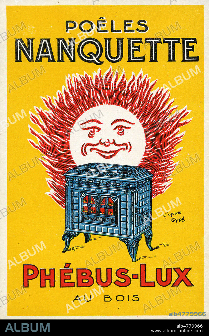 'Poeles Nanquette Phebus-Lux au bois'. Carte postale publicitaire vers 1925. Illustration d'apres GYPE. Credit : Collection IM/KHARBINE-TAPABOR.