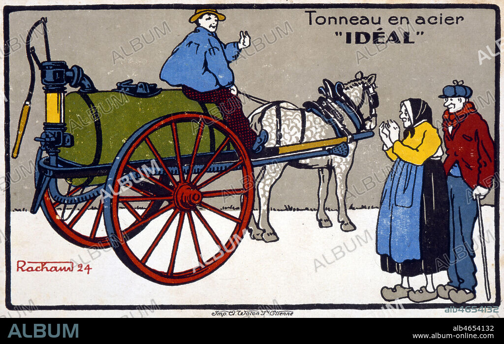 Un homme tire une citerne avec un cheval. 'Tonneau en acier IDEAL'. Distribution de petrole ou d'essence a la campagne. Publicite de 1924 illustree par RACHAUD ou Racham pour une carte postale faisant partie d'une serie sur le materiel , machines et equipements agricoles. Annees 20. Credit Collection privee KHARBINE-TAPABOR.