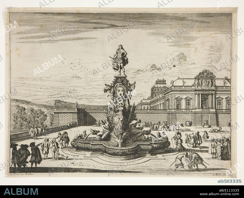 Artist: Le Potre, French, 17th century, After: Jean-Baptiste-Alexandre Le Blond, French, 16791719, Fountain, with palace at right rear, Etching, platemark: 21.7 × 29.8 cm (8 9/16 × 11 3/4in.), Made in France, French, 17th century, Works on Paper - Prints.