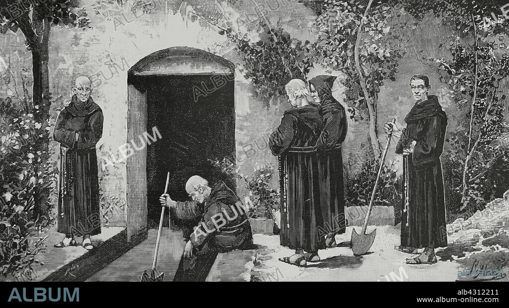 Enrique de Artois, Enrique de Francia, Conde de Chambord (París, 1820-Austria-Hungría, 1883). Príncipe real francés, nieto de Carlos X de Francia. Monasterio de Kostanjevica o Castagnevizza. Monasterio franciscano en Pristava, cerca de Nova Gorica, actual Eslovenia. La cripta funeraria del convento de franciscanos, donde se sepultó el cadáver del Conde de Chambord. Grabado por Bernardo Rico a partir de un Dibujo de M. Alcaraz. La Ilustración Española y Americana, 22 de septiembre de 1883.