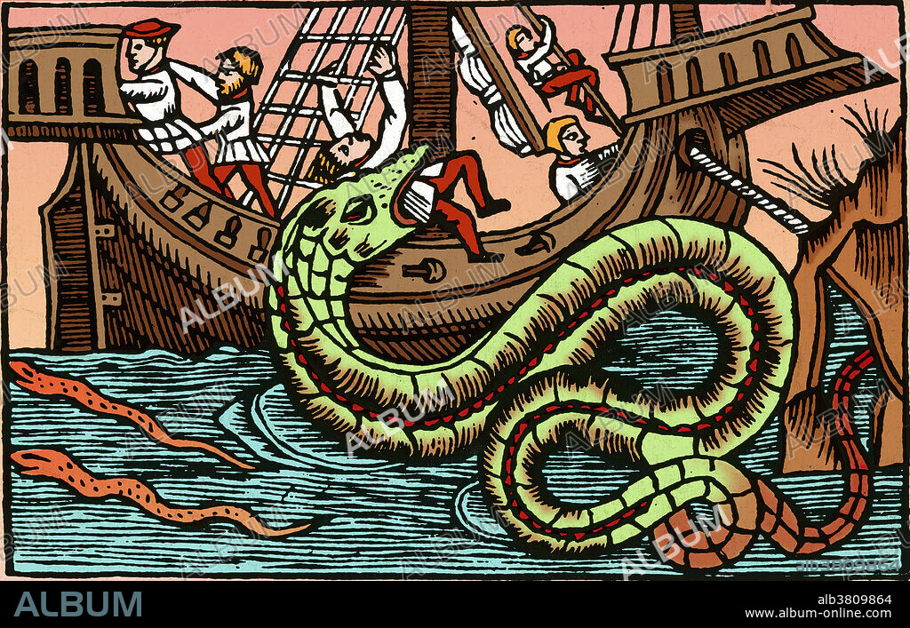In Olaus Magnus' 1555 work History of the Northern Peoples, he describes the Kraken, a serpent so bold that it would come out from its underwater cave on bright summer nights to feast on calves, lambs and pigs. This beast was said to be 200 feet long and 20 feet wide and was believed to live outside Bergen. Most disturbing, however, was this beast's flame-red eyes and penchant for eating people. The vicious creature would attack ships and feast on its people as it lifted itself straight up from the water toward the sky. The legend may have originated from sightings of giant squid that are estimated to grow to 40-50 feet in length, including the tentacles. The sheer size and fearsome appearance attributed to the kraken have made it a common ocean-dwelling monster in various fictional works.