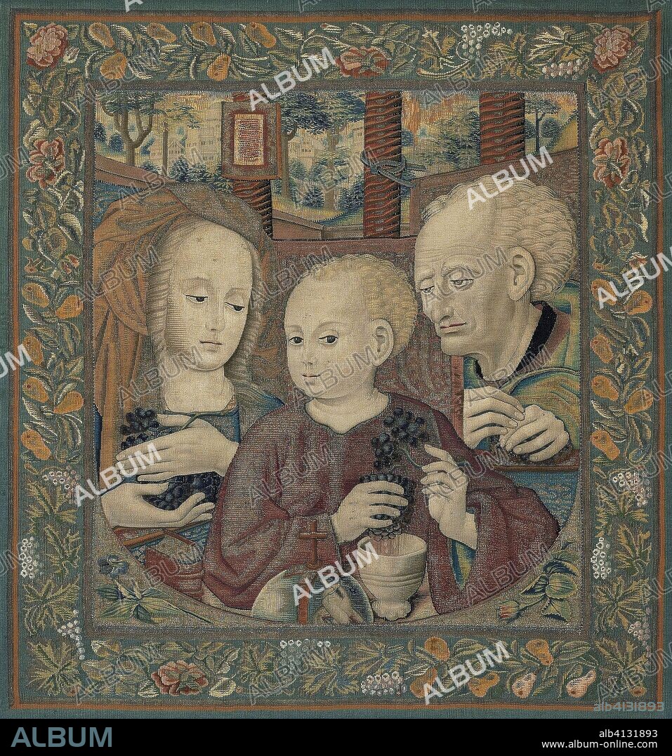 The Holy Family with the Infant Christ Pressing the Wine of the Eucharist. Southern Netherlands. Date: 1485-1525. Dimensions: 75.6 x 68.2 cm (29 3/4 x 26 7/8 in.). Linen, wool, silk and gilt-metal-strip-wrapped silk, slit tapestry weave. Origin: Southern Netherlands.