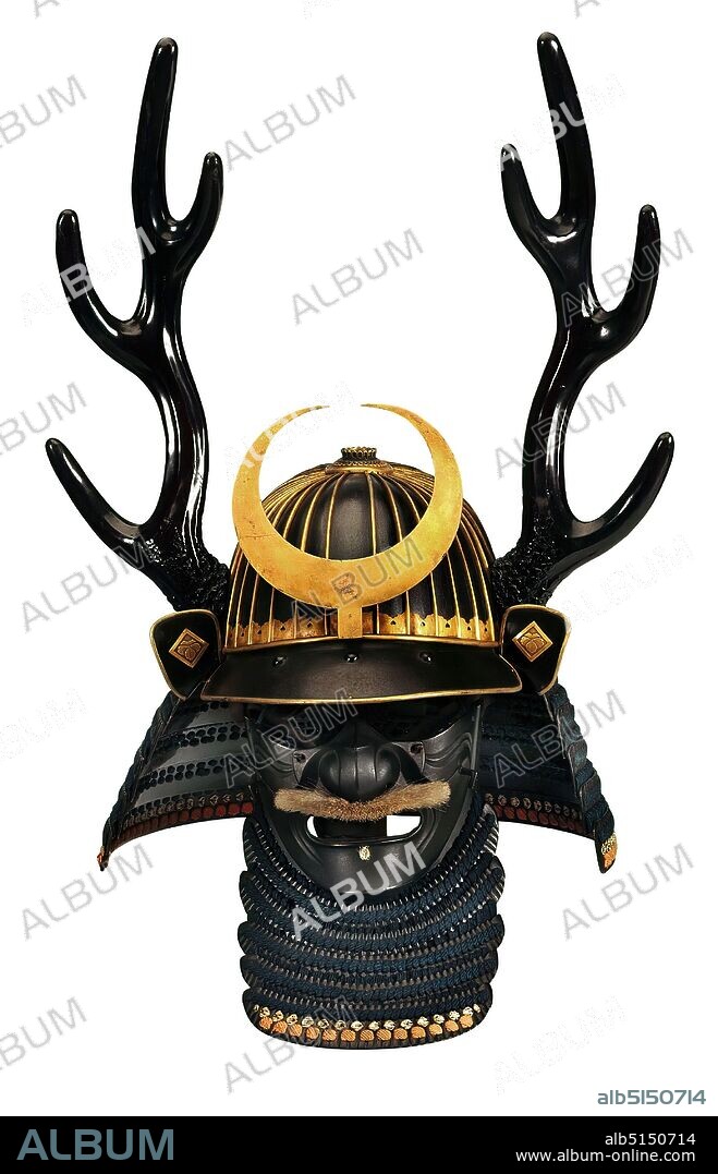 Helmet with deer antlers and crescent moon, neck guard and half mask, Iron, Lacquer, Gold plated, Total: Height: 50,20 cm; Width: 40,80 cm, Armor (warfare/military), Deer, Edo period, This helmet is worn by a feudal lord (daimy) In Shintoism the stag is considered a holy animal and is said to protect the wearer of the helmet. The life of the warlike feudal lords is exactly defined. They must spend one year in the capital Edo, today's Tokyo, and one year in their fiefdom. The number of samurai they may employ is limited.