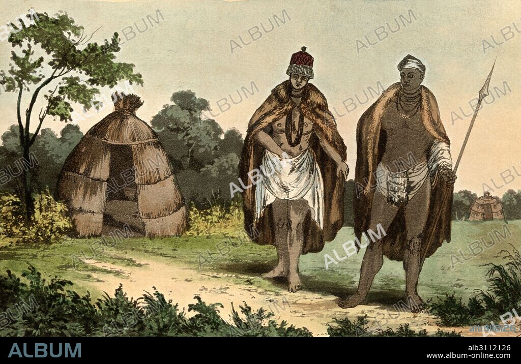 Etnografía. África del sur. Guerreros Hotentotes. Grabado coloreado de 1880.