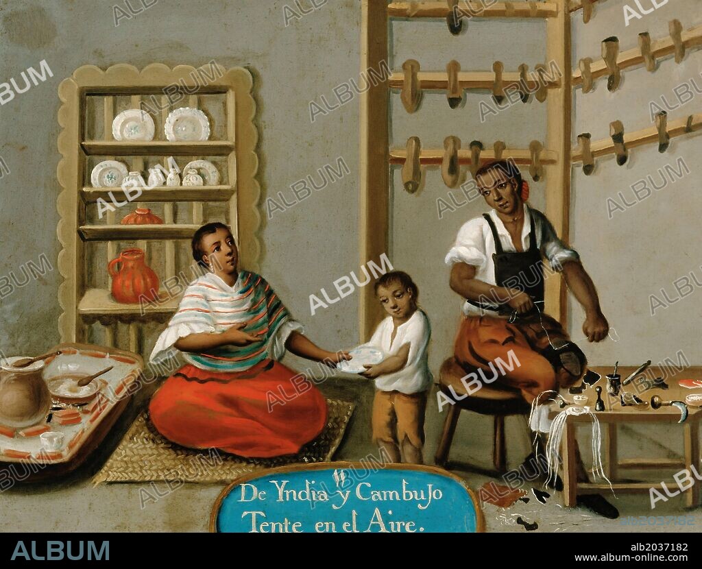 'Mestizaje: 11. De Yndia y Cambujo. Tente en el Aire', siglo XVIII, Óleo sobre cobre.