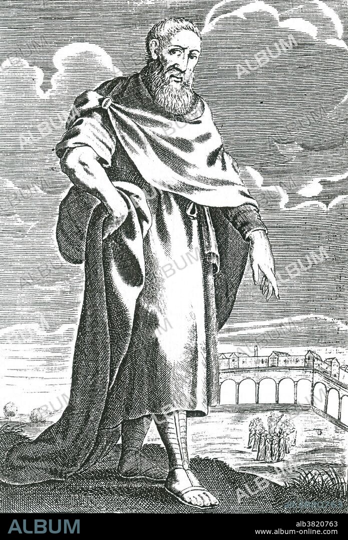 Zeno of Citium (334 - 262 BC) was an Ancient Greek philosopher. He was the founder of the Stoic school of philosophy, which he taught in Athens from about 300 BC. Based on the moral ideas of the Cynics, Stoicism laid great emphasis on goodness and peace of mind gained from living a life of Virtue in accordance with Nature. It proved very successful, and flourished as the dominant philosophy from the Hellenistic period through to the Roman era. He divided philosophy into three parts: Logic (including rhetoric, grammar, and the theories of perception and thought); Physics (not just science, but the divine nature of the universe as well); and Ethics, the end goal of which was to achieve happiness through the right way of living according to Nature. During his lifetime, he received appreciation for his philosophical and pedagogical teachings. He was honored with the golden crown,and a tomb was built in honor of his moral influence on the youth of his era. He died around 262 BC. Laertius reports about his death: As he was leaving the school he tripped and fell, breaking his toe. Striking the ground with his fist, he quoted the line from the Niobe: "I come, I come, why dost thou call for me?" and died on the spot through holding his breath. Engraving from "The History of Philosophy" by Thomas Stanley published in three successive volumes between 1655 and 1661.