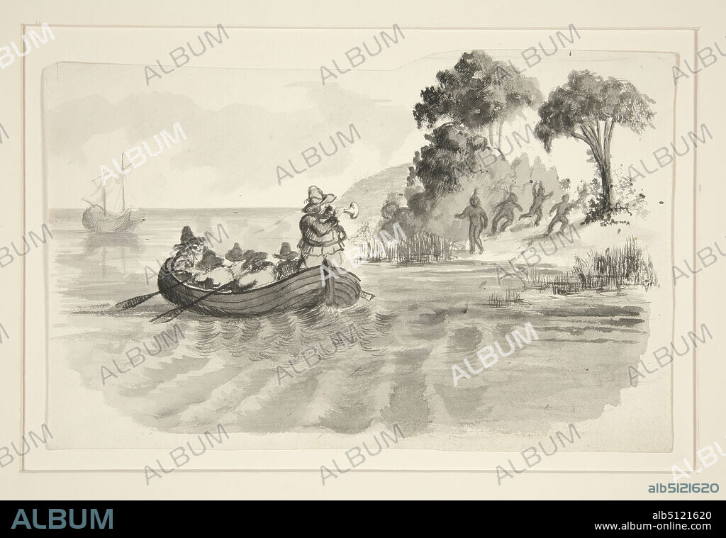 Artist: Edwin Austin Abbey, American, 18521911, M.A., 1897, Men in rowboat fleeing Indians on shore - unidentified illustration (Columbus discovering New World?) - explorers landing in the New World, Pen and ink wash and graphite on wove paper, 14.5 × 22.5 cm (5 11/16 × 8 7/8 in.), Made in United States, American, 19th century, Works on Paper - Drawings and Watercolors.