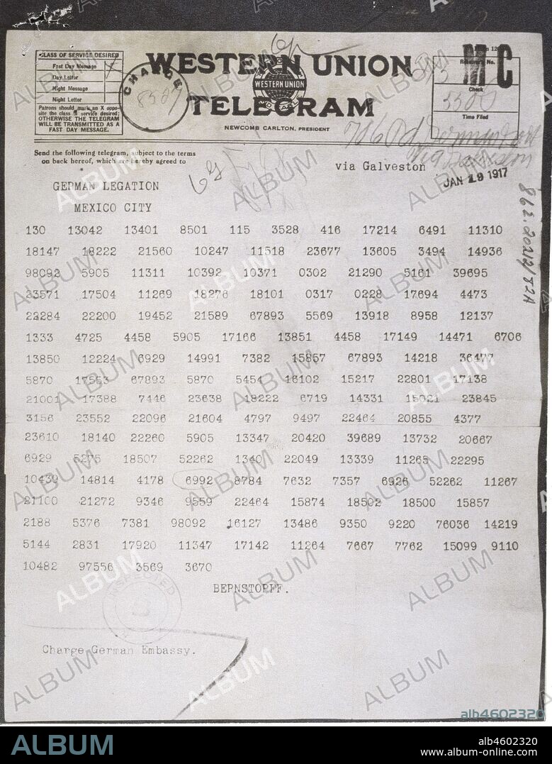 German Foreign Minister Arthur Zimmermann sent this encoded message to the President of Mexico on January 16, 1917, offering United States territory to Mexico in return for joining the German cause in World War I. In return for Mexican support, Germany would help Mexico regain New Mexico, Texas, and Arizona from the United States.