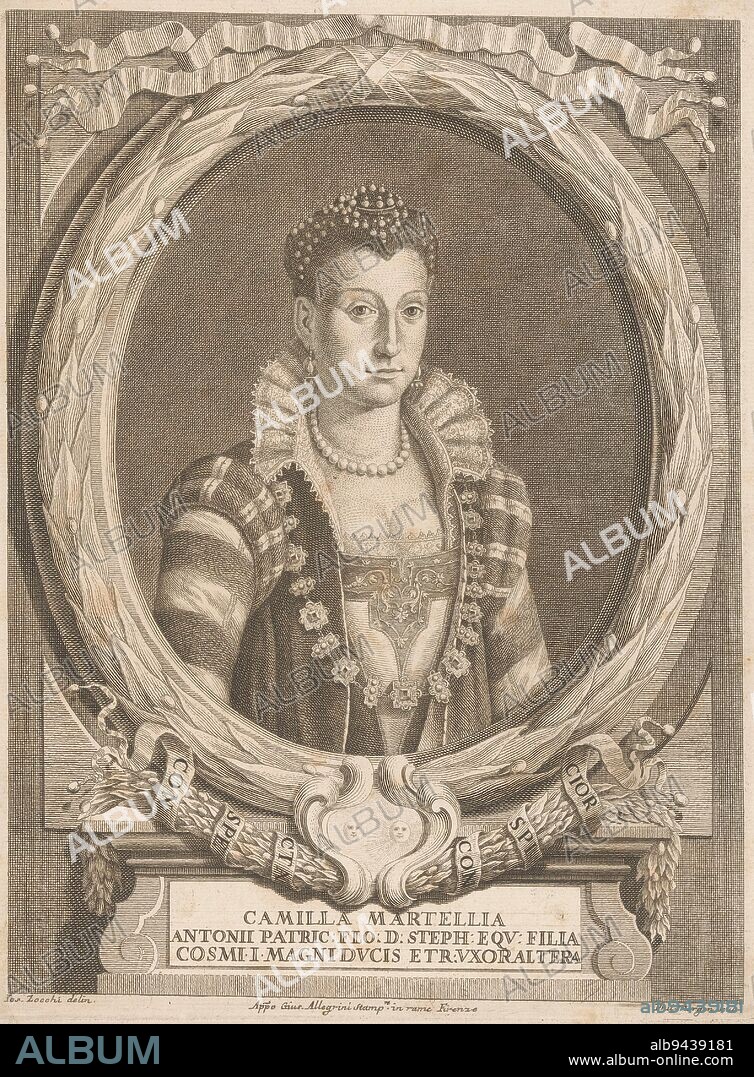 Portrait of Camilla Martelli, print maker: Filippo Morghen, (mentioned on object), intermediary draughtsman: Giuseppe Zocchi, (mentioned on object), publisher: Giuseppe Allegrini, (mentioned on object), print maker: Italy, intermediary draughtsman: Italy, publisher: Florence, 1740 - 1807, paper, etching, engraving, h 341 mm × w 260 mm.