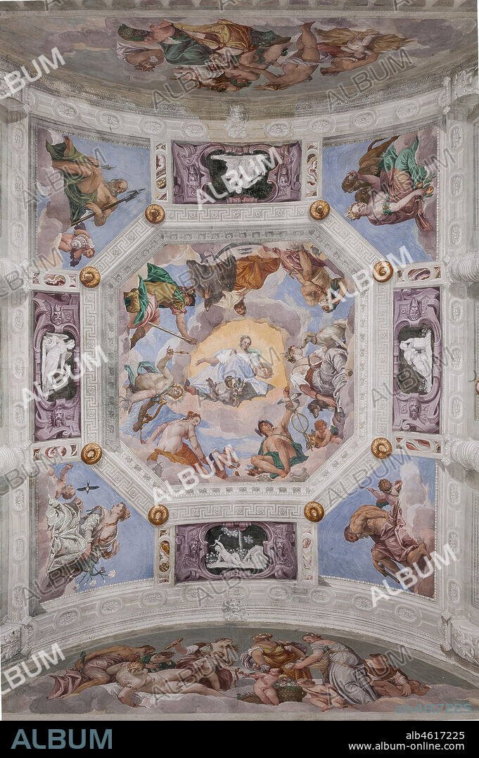 Maser, Villa Barbaro, the Hall of Olympus, the vault: the Olympus. In the corners the four elements are depicted: Vulcan or the Fire, Cybele or the Earth, Neptune or the Water, Juno or the Air. Among these representations, there are the representations, in monochrome frescoes, of the Abundance (with the horn of plenty), the Fecundity, the Fortune (with the wheel), and Love. Int the central octagon, the Universal Harmony is surrounded by gods: Zeus with an eagle, Mars, Apollo with the lyre, Venus, Mercury with caduceus, Diana with dogs, and Saturn. Among the clouds near the frame there are the signs of the zodiac. Frescoes by Paolo Caliari, known as il Veronese, 1560 - 1561.