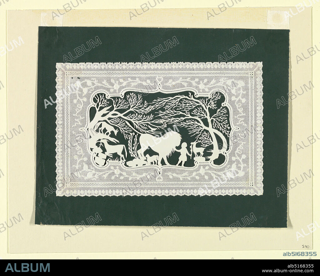 Child with a Lion and Other Animals, Silhouette of white paper, cut out, on green paper mount, Embossed paper cut-out (possibly for a valentine) used as a frame for a silhouette showing a child with a tame lion, goats, and fox, with trees in the background., England, ca. 1830, Silhouette, Silhouette.
