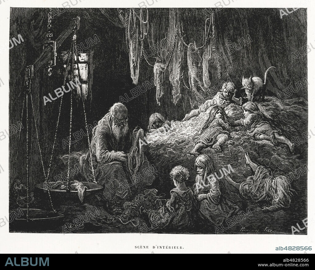 Londres. Scene d'interieur (Homme et enfants triant des haillons). Illustration de 1876 par Gustave DORE (1832-1883) pour Londres de Louis ENAULT (1824-1900). Credit : Collection Jonas/KHARBINE-TAPABOR.