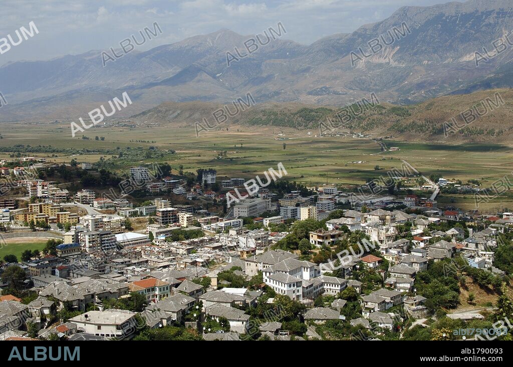Albania. Gjirokastra city. Scenery. Drim river valley and Lunxheria mountains.
