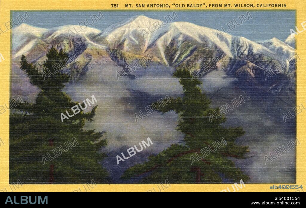 Mount San Antonio, 'Old Baldy', from Mount Wilson, California, USA, 1931. Vintage linen postcard showing a view of the snow-capped peak shrouded in clouds with tall pine trees in the foreground. Mount San Antonio (3069 m) is the highest peak in the San Gabriel Mountains.