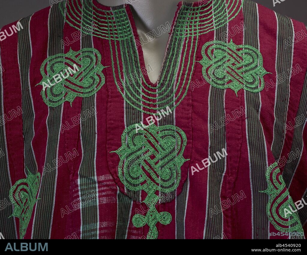man's garment (gbariye), Yoruba, 1980s, cotton, embroidered with cotton, A): top: length 42 in., B) pants: length 33 in. C) hat: height 10-1/2 in., Textile and Fashion Arts.