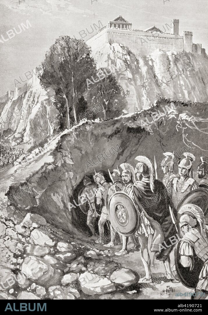 The taking of the Etruscan city of Veii or Veius,  by the Romans in 396 BC.  After a siege of many years they finally accomplished this by digging into the soft tuff rock below the walls whilst distracting the Veiians with attacks on the walls and infiltrating the city's drainage system to emerge in the citadel.  From Hutchinson's History of the Nations, published 1915.