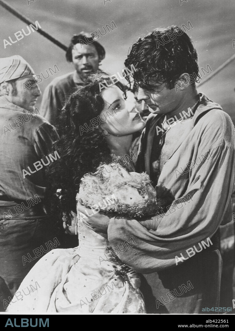 DEBRA PAGET y LOUIS JOURDAN en LA MUJER PIRATA, 1951 (ANNE OF THE INDIES), dirigida por JACQUES TOURNEUR. Copyright 20TH CENTURY FOX.