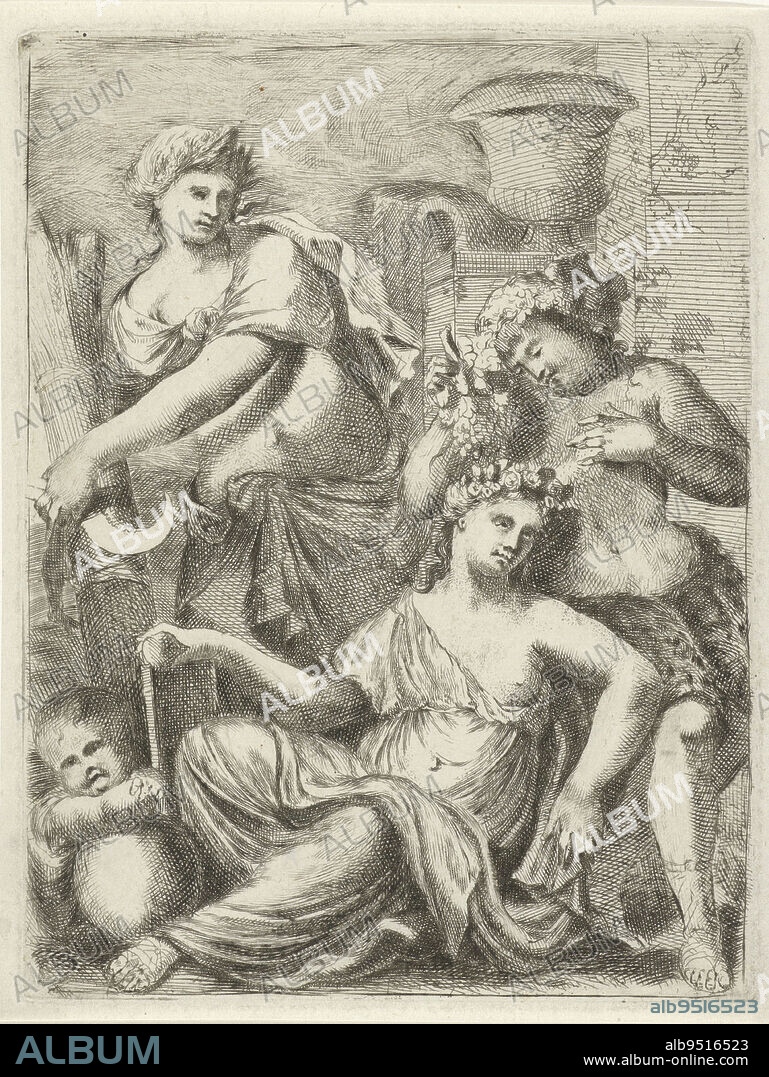 Venus and Amor, accompanied by Ceres and Bacchus. Imagination of the saying 'Sine Cerere et Baccho friget Venus' (without bread and wine love freezes), Ceres, Bacchus and Venus., print maker: Pieter van der Plas (II), Northern Netherlands, 1687 - 1708, paper, engraving, etching, h 166 mm × w 126 mm.