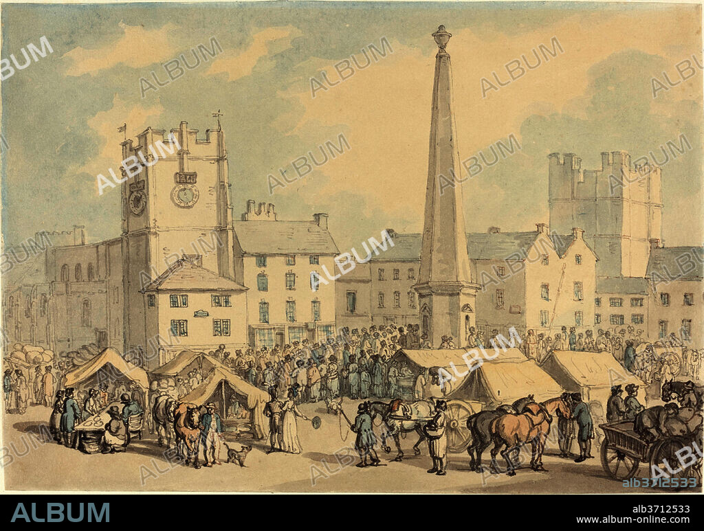 THOMAS ROWLANDSON. Market Day at Richmond in Yorkshire. Dated: c. 1818. Dimensions: overall: 22.2 x 31.9 cm (8 3/4 x 12 9/16 in.). Medium: pen and brown and gray ink with watercolor over graphite on wove paper.