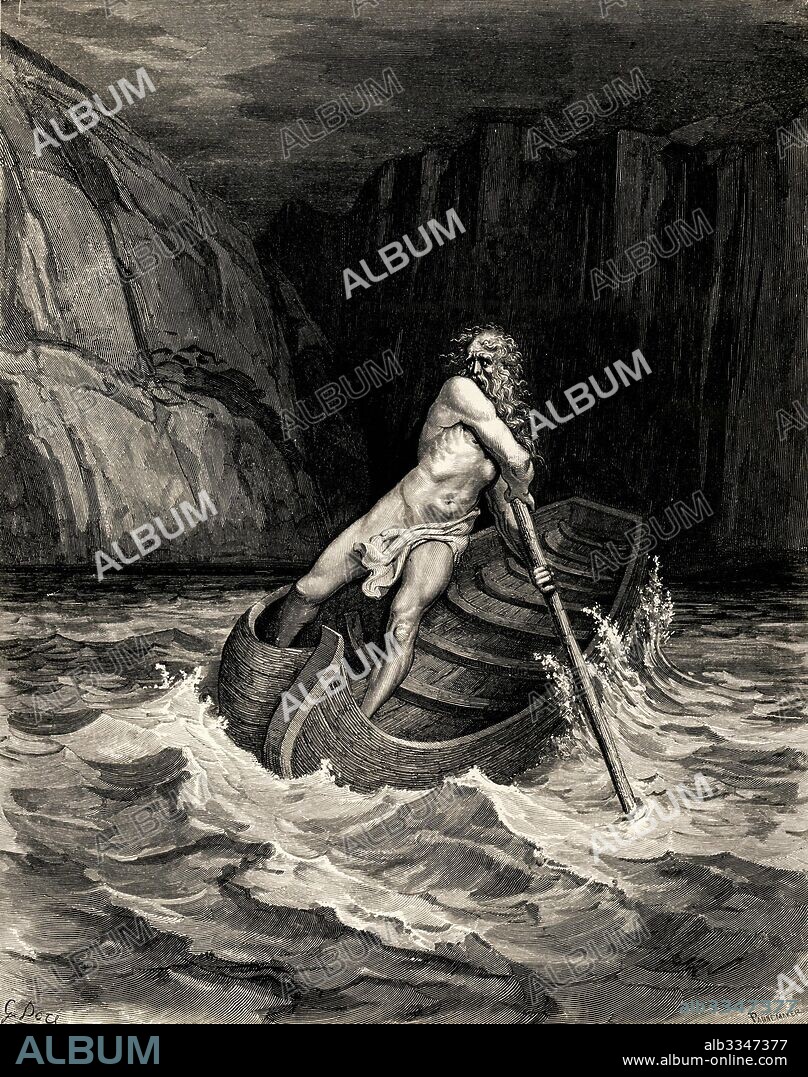 PAUL GUSTAVE DORÉ. Arrival of Charon. Illustration to the Divine Comedy by Dante Alighieri.