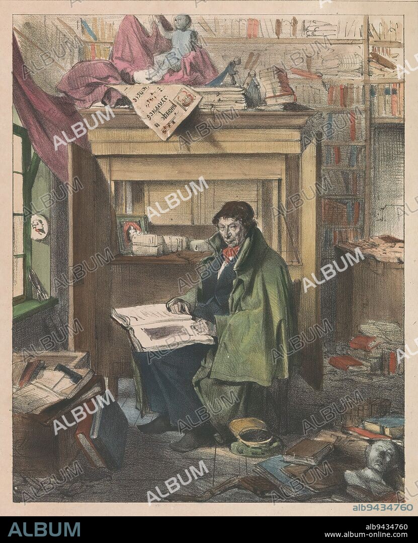 Portrait of Bernard De Bruyne in interior, Un bibliomane (title on object), In the center of a cluttered interior, the Mechelen pharmacist sits on a chair with an open book on his knees. On the cupboard and on the floor are books and art objects. Numbered in the lower right corner: La Renaissance No. 4., print maker: Jean Baptiste Madou, (mentioned on object), 1839, paper, height 359 mm × width 270 mm.