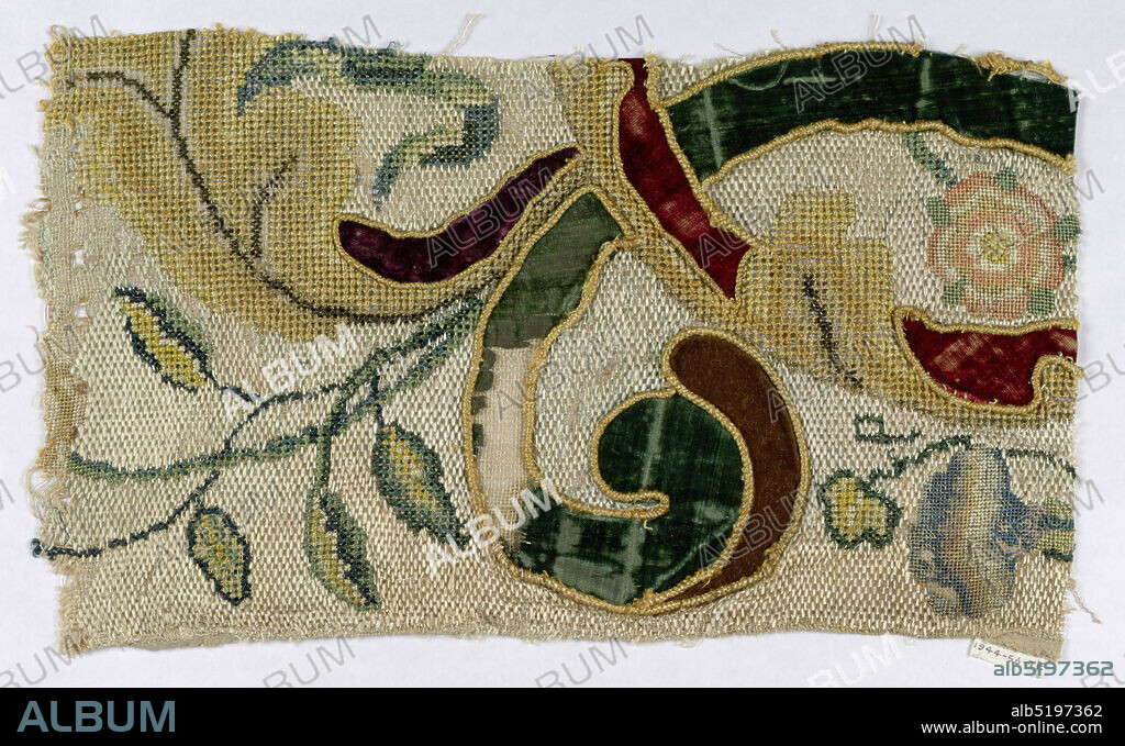 Curtain and fragment, Medium: silk Technique: canvas with velvet applique and embroidery, Design of horn of plenty, swinging branches and flowers worked in Florentine stitch and velvet applique., Spain, 17th century, embroidery & stitching, Curtain and fragment.