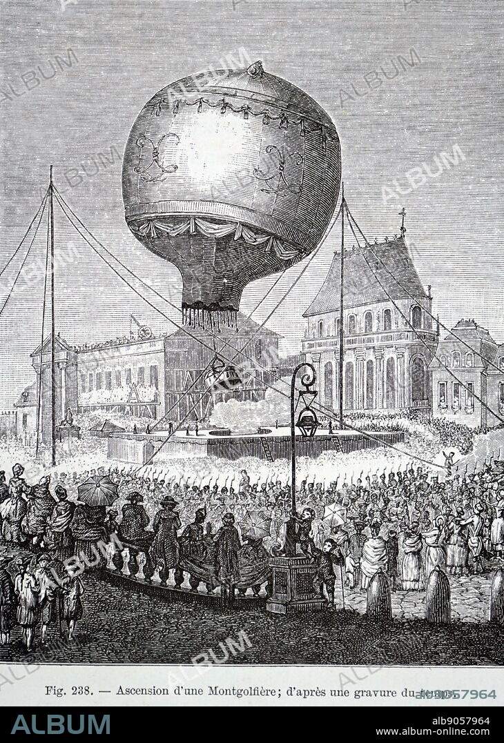 Engraving depicting the Montgolfier brothers making a hot-air balloon ascent at Versailles in front of the French royal family in 1783. Joseph-Michel Montgolfier and Jacques-Étienne Montgolfier were paper manufacturers from Annonay, in Ardèche, France best known as inventors of the Montgolfière-style hot air balloon, globe aérostatique. Dated 19th century.