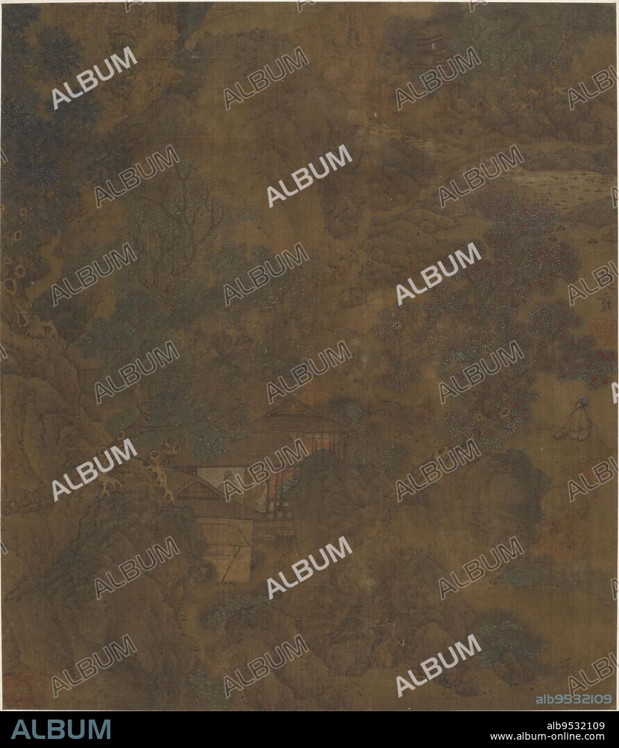 ZHANG HONG (anteriormente atribuido). Landscape: houses and a brook in a mountain gorge. Date: 17th century. Origin: China. Period: Ming dynasty. Ink and color on silk.