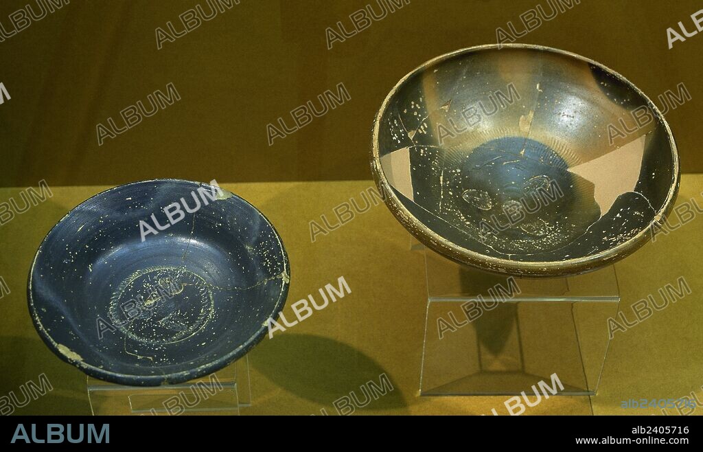 ARTE IBERICO. ESPAÑA. PLATERA Y TAZA DE PERFIL CARENADO, en barníz negro, fechadas en el siglo III a. C. Proceden del yacimiento del Molí de l'Espígol (Tornabous). Museo Comarcal de l'Urgell. Tàrrega. Comarca de l'Urgell. Provincia de Lleida. Cataluña.