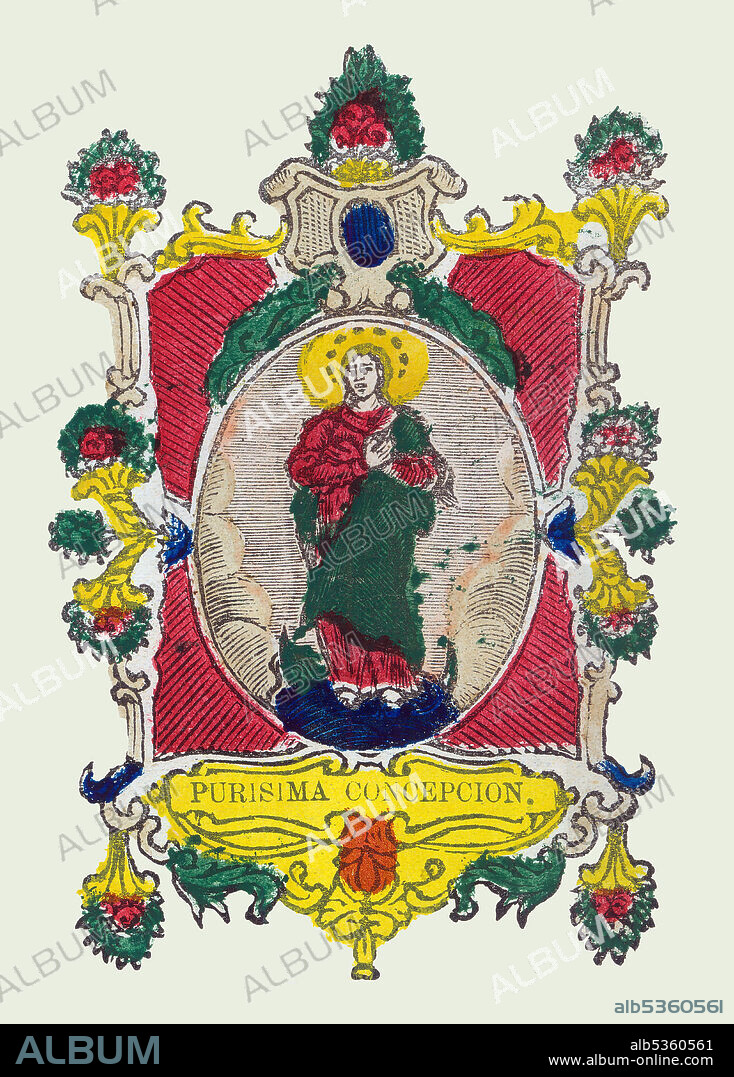 La Inmaculada Concepción de la Santísima Virgen María, conocida también como la Purísima Concepción, dogma de la Iglesia Católica. Estampería popular del siglo XVIII, pintado a mano.