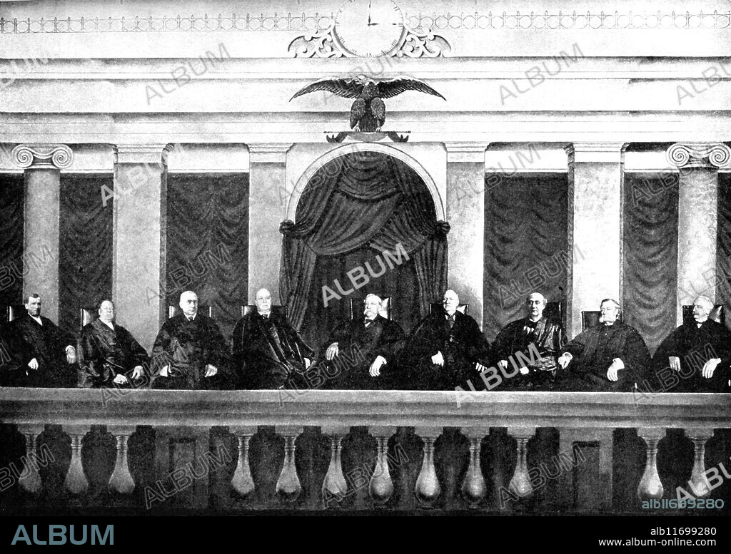This photograph shows the United States Supreme Court Justices in 1905. They are from left to right, McKenna, White, Brown, Gray, Chief-Justice Fuller, Harlan, Brewer, Shiras, and Peckham.