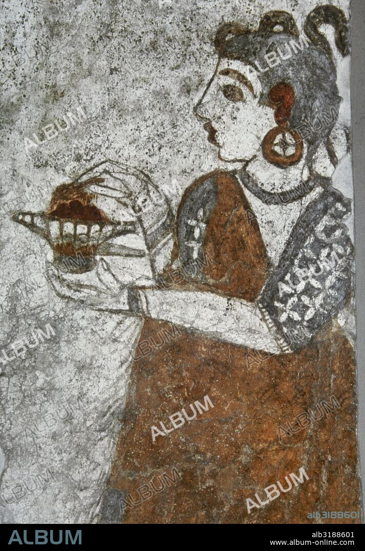 Priestess making offerings. 1550-1500 BC. Fresco, from The West House, Akrotiri, Thera (now Santorini). National Archaeological Museum. Athens, Greece.
