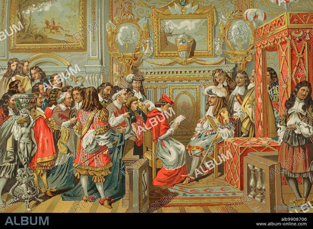 Louis XIV, known as "the Sun King" (1638-1715). King of France (1643-1715). Cabinet of Louis XIV of France. Chromolithography. "Historia Universal", by César Cantú. Volume VIII, 1881.