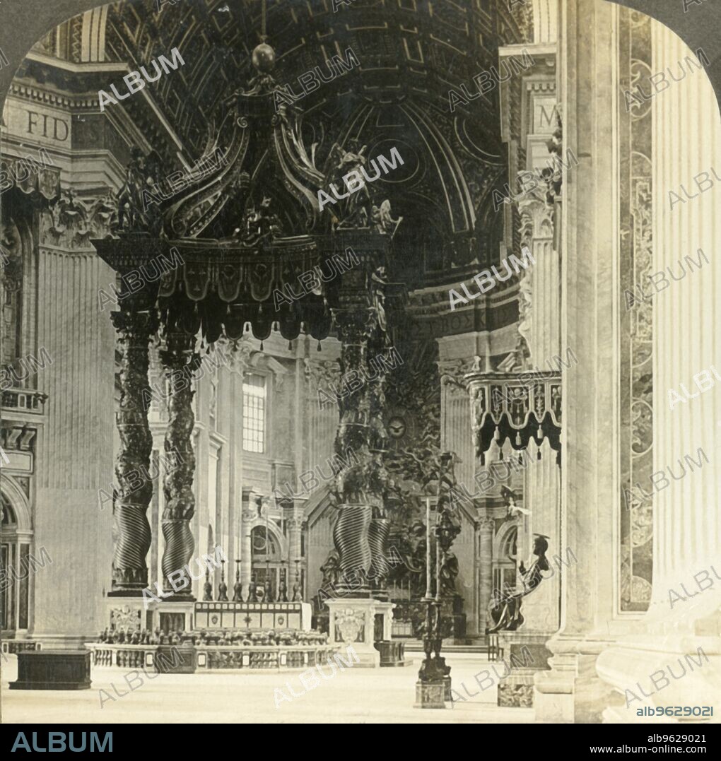 'The Great Altar, with its baldacchino, 95 feet high, St. Peter's Church, Rome, Italy', c1909. Large Baroque sculpted bronze canopy over the high altar of St. Peter's Basilica in Vatican City, designed by the Italian artist Gian Lorenzo Bernini  built 623-1634. To be viewed on a Sun Sculpture stereoscope made by Underwood & Underwood. [The Rose Stereograph Company, Melbourne, Sydney, Wellington & London, c1909].