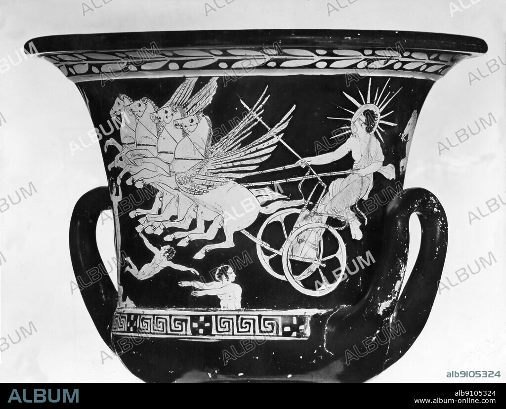 Vase - Helios - Phaeton - in Greek mythology the sun was personified as Helios (Helius). Helios was imagined as a handsome god crowned with the shining aureole of the sun, who drove a chariot across the sky eah day to eath-circling Oceanus and throught he world-ocean returned to the East at night. Homer descirbed it as drawn by solar bulls and Pindar saw it as drawn by fire-darting steeds. Still later, the horses were given fiery names, Pyrios, Aeos, Aethon and Phlegon.. © TopFoto.