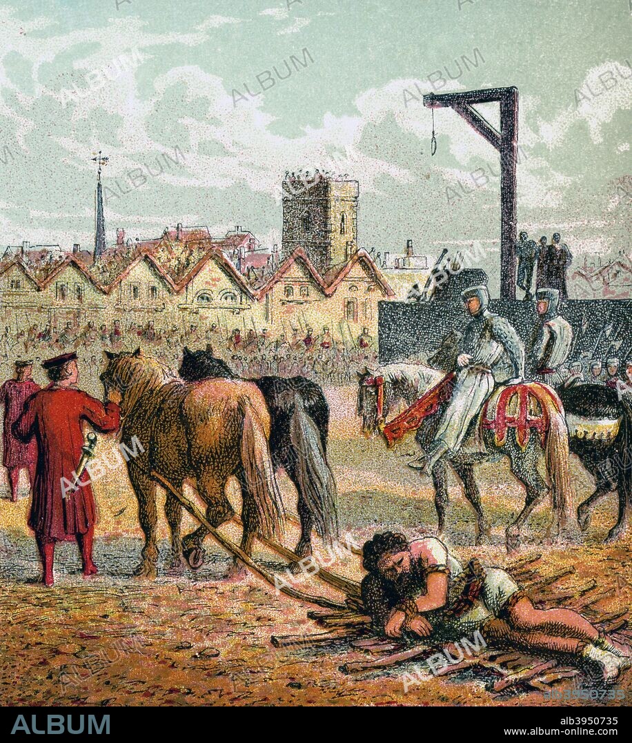 'Wallace Executed', 1305, (c1850). After his trial, Scottish patriot William Wallace (1270-1305) was stripped naked and dragged through the City of London at the heels of a horse. Near Smithfield Market he was hanged, drawn and quartered, (strangled by hanging but released near death, emasculated, eviscerated and his bowels burnt before him, beheaded, then cut into four parts. Colour plate from Pictures of English History, George Routledge & Sons, (London, New York, c1850).