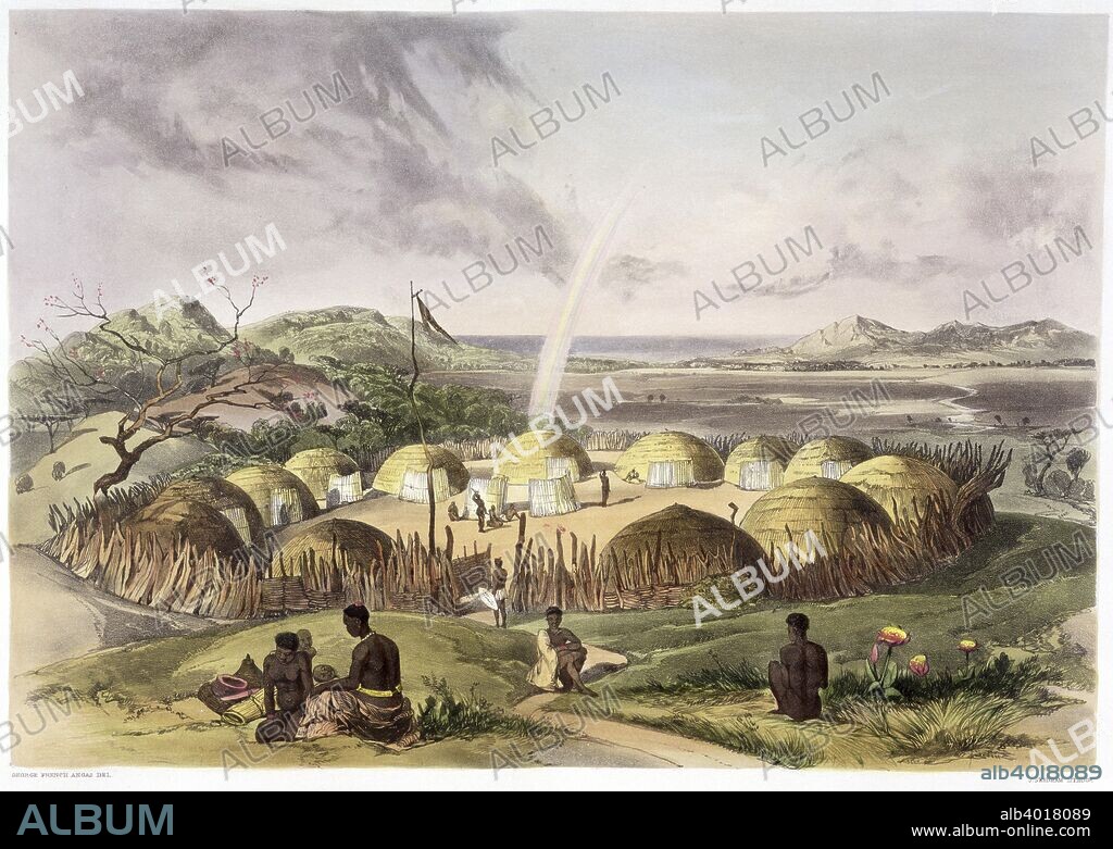 'Zulu Kraal near Umlazi, Natal', 1849. Plate 27 from The Kafirs Illustrated, 1849.