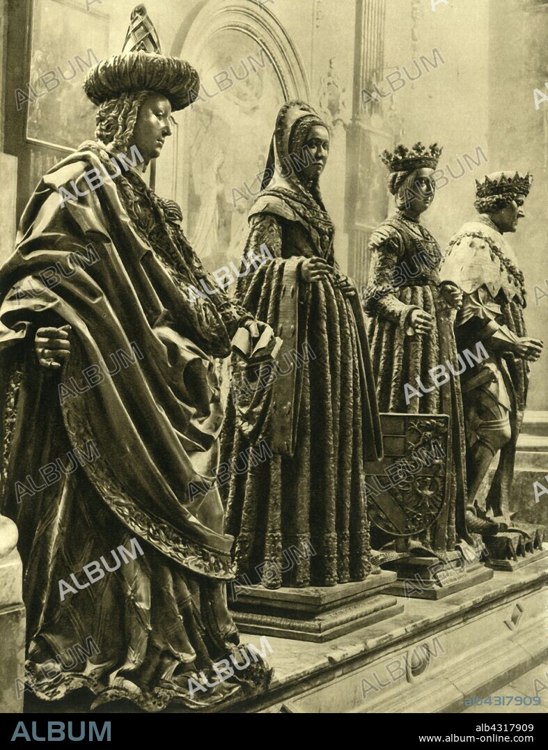 Bronze statues in the Hofkirche, Innsbruck, Tyrol, Austria, c1935. Four of the 28 life-size bronze figures that stand guard over the tomb of Emperor Maximilian I (1459-1519), who is actually buried elsewhere, at Wiener Neustadt. The figures, known as the Schwarzmander or 'Black Men', despite including several women, were not completed until several years after the emperor's death. From "Österreich - Land Und Volk", (Austria, Land and People). [R. Lechner (Wilhelm Müller), Vienna, c1935].