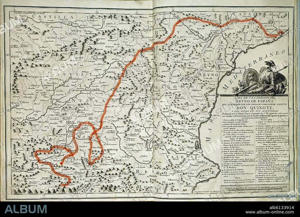 LOPEZ TOMAS. Travelling map of the lanes taken by Don Quixote. 1780. Madrid, National library.