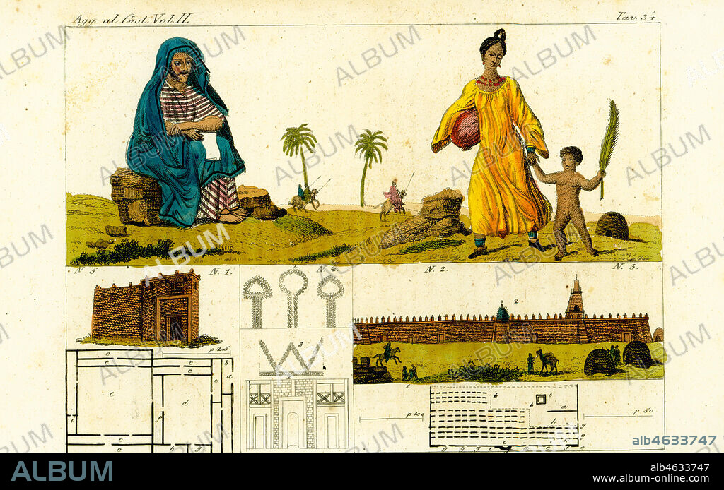 Auguste Rene Caillie 1 pretending to study the Koran to sketch the mosque in Timbuktu, Mali, 3, with woman in cotton robe and naked child with palm frond 2. Handcoloured copperplate engraving from Giulio Ferrario's Costumes Ancient and Modern of the Peoples of the World, Florence, 1834.