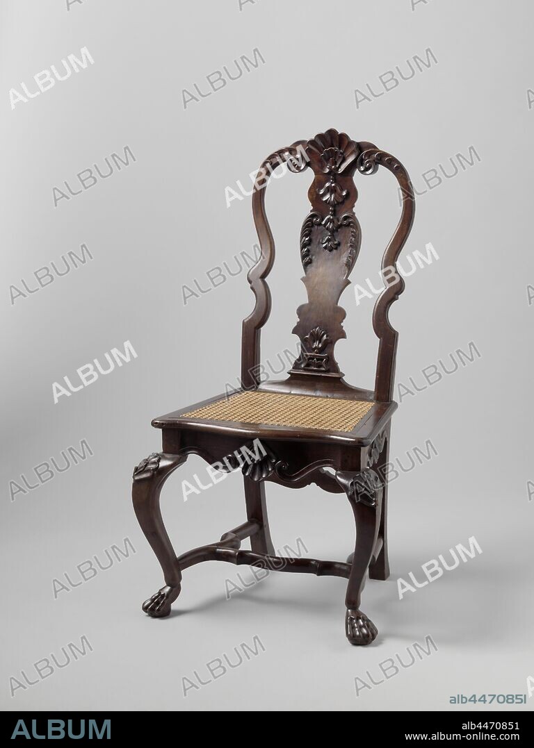 Chair of ironwood and rattan-clad seat (series of 4 chairs), Chair of iron-wood with rattan-clad seat. Slightly bent back legs and S-shaped front legs placed diagonally, ending in lion's claws and decorated with shell motifs at the top. The cross has scalloped side sports and a scalloped cross sport. The hind legs are connected under the seat by a second cross sport. The lower edge of the seating lines on the front and sides is made up of two S-volutes with a shell motif in the middle. The high back has scalloped struts and a broad baluster-shaped center leaf that is crowned by a shell on which leaf clocks depend, amid leaf leaves, and which is adorned from below with a standing leaf bell on a pedestal. Where the posts touch the center leaf, they end up in volutes decorated with leaf motifs., anonymous, Japan, 1725 - 1750, wood (plant material), ironwood, rattan, h 111 cm × w 62 cm × d 64 cm.
