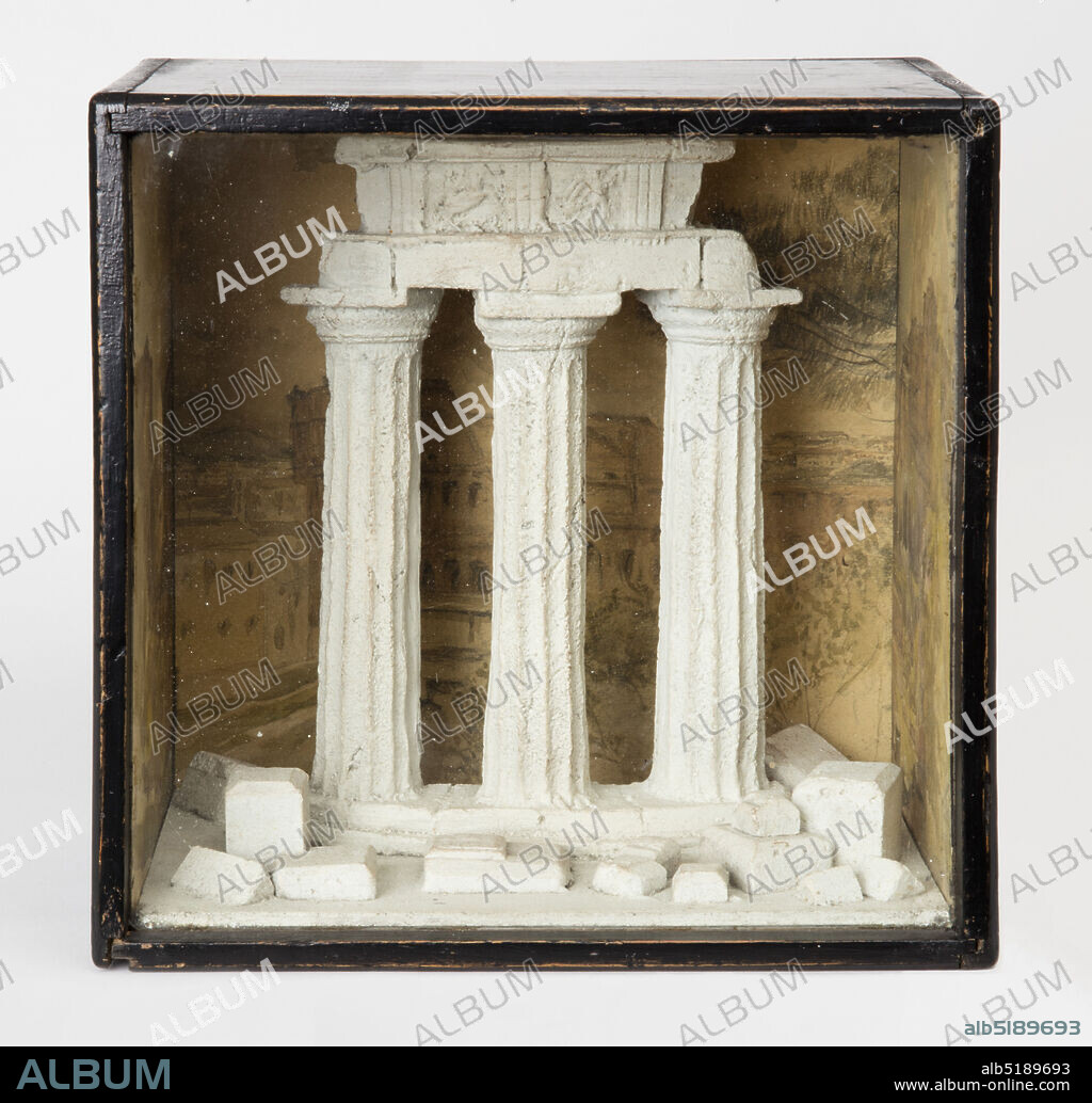 Classical temple model, Plaster, painted paper, wood, glass, Nearly square wooden box with glass front containing a semicircular model of a classical temple ruin set before a painted scene of classical Roman ruins., Rome, Italy, ca. 1840, models and prototypes, Decorative Arts, Classical temple model.