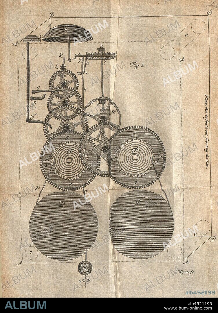 clockwork, Illustration of an 18th century movement, signed: J. Mynde (sc.), Fig. 1, before p. 1, Mynde, J. (sc.), 1734, William Derham: The artificial clock-maker [...]. London: printed for James, John and Paul Knapton, 1734.