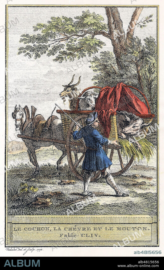 Le cochon, la chevre et le mouton. Illustration de 1758 d'apres Jean-Baptiste OUDRY (1686-1755) pour la fable du Livre de Jean de LA FONTAINE (1621-1695). Mise en couleur par nos soins. Credit : Collection Jonas/Kharbine-Tapabor.