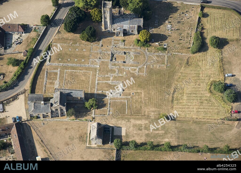 Ruined remains of Muchelney Abbey, Somerset, 2018. Aerial view of new parchmarks showing foundations of the abbey in the hot summer of 2018. Muchelney Abbey was a Benedictine Abbey established in the 10th century on the site of an earlier monastery damaged by Viking raids. It closed in 1538 during the Dissolution of the Monasteries and the buildings were demolished.