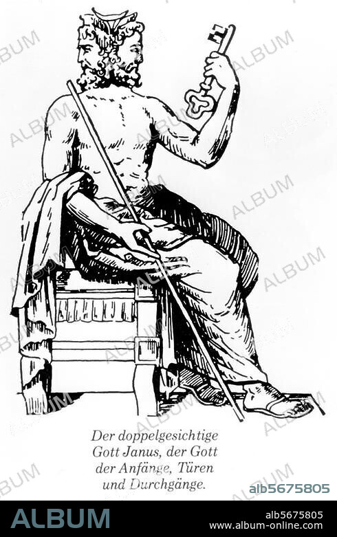 Roman sculpture. Janus. (God of the beginnings, gates and doors; two-faced, with doorkeeper's keys and staff). Drawing of a sculpture.