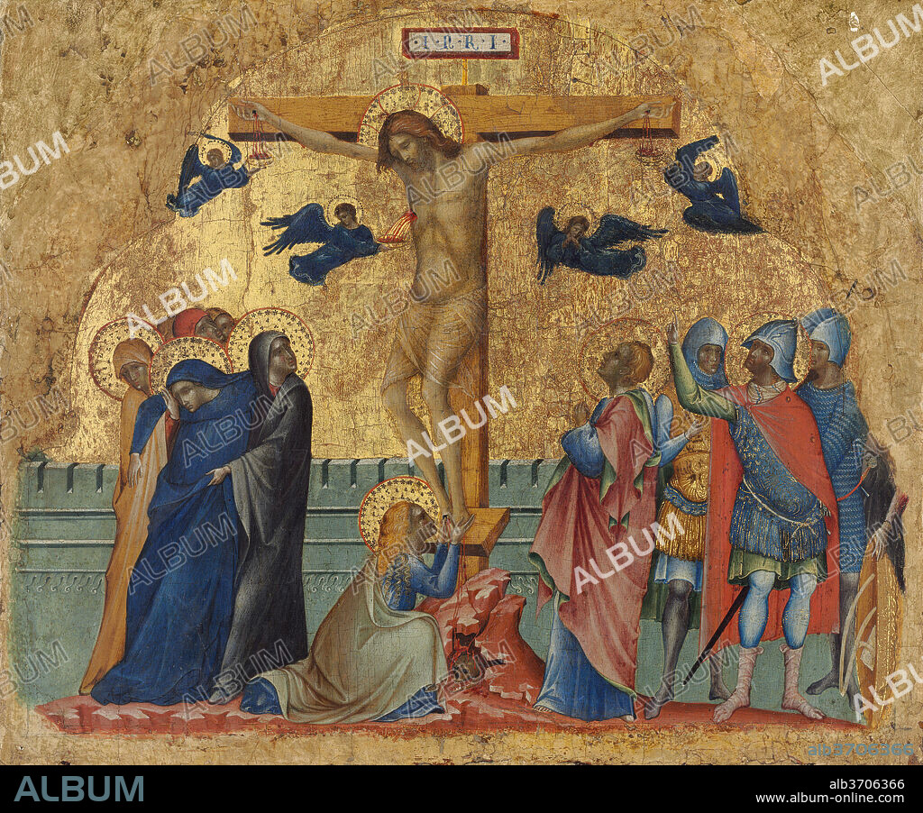 PAOLO VENEZIANO. The Crucifixion. Dated: c. 1340/1345. Dimensions: painted surface: 31 x 38 cm (12 3/16 x 14 15/16 in.)  overall: 33.85 x 41.1 cm (13 5/16 x 16 3/16 in.)  framed: 37.2 x 45.4 x 5.7 cm (14 5/8 x 17 7/8 x 2 1/4 in.). Medium: tempera on panel.