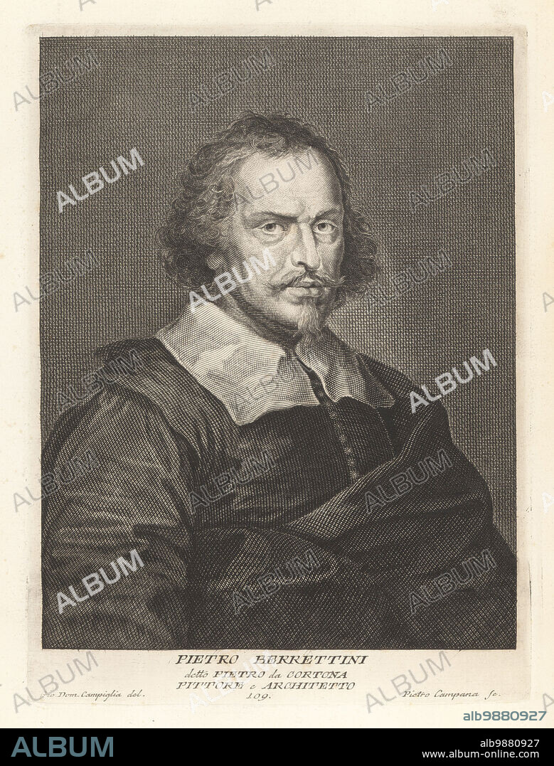 Pietro da Cortona, Italian Baroque painter and architect, known as Pietro Berrettini, 1596-1669. Painted a chapel in the church of Santa Bibiena for Pope Urban VIII, and the ceiling in the Palazzo Barberini. Pittore e Architetto. Copperplate engraving by Pietro Campana after Giovanni Domenico Campiglia after a self portrait by the artist from Francesco Moucke's Museo Florentino (Museum Florentinum), Serie di Ritratti de Pittori (Series of Portraits of Painters) stamperia Mouckiana, Florence, 1752-62.