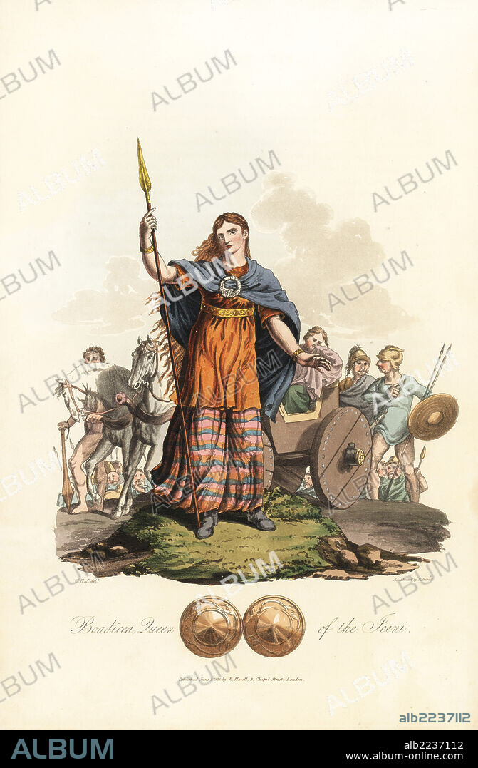 Boadicea, Queen of the Iceni, Roman era. She wears a gwn (tunic) over a long pais (petticoat), a cloak, fibula (brooch), bracelets, and holds a lance. In the background are warrior Britons and one of her daughters in the petoritum (chariot). Handcoloured aquatint by R. Havell from an illustration by Charles Hamilton Smith from Samuel Meyrick's Costume of the Original Inhabitants of the British Islands, London, 1821.